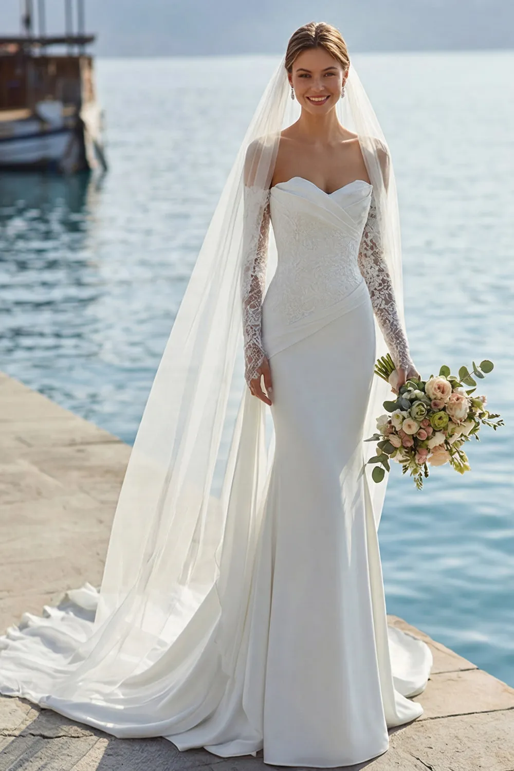 Ivory Mermaid Sweetheart Long Lace Wedding Dress with Appliques sold by Zapaka product image thumbnail 3