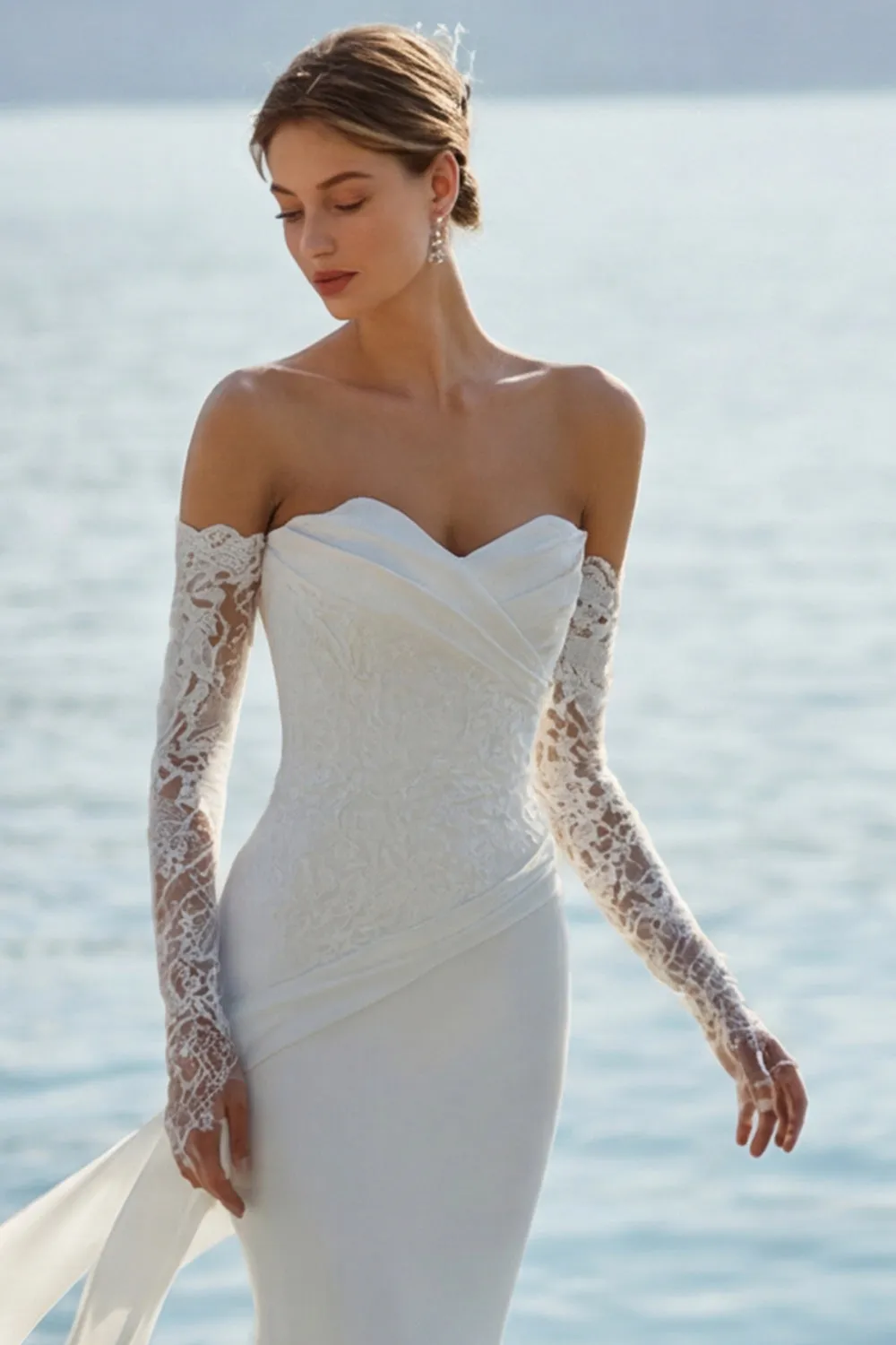 Ivory Mermaid Sweetheart Long Lace Wedding Dress with Appliques sold by Zapaka product image thumbnail 4