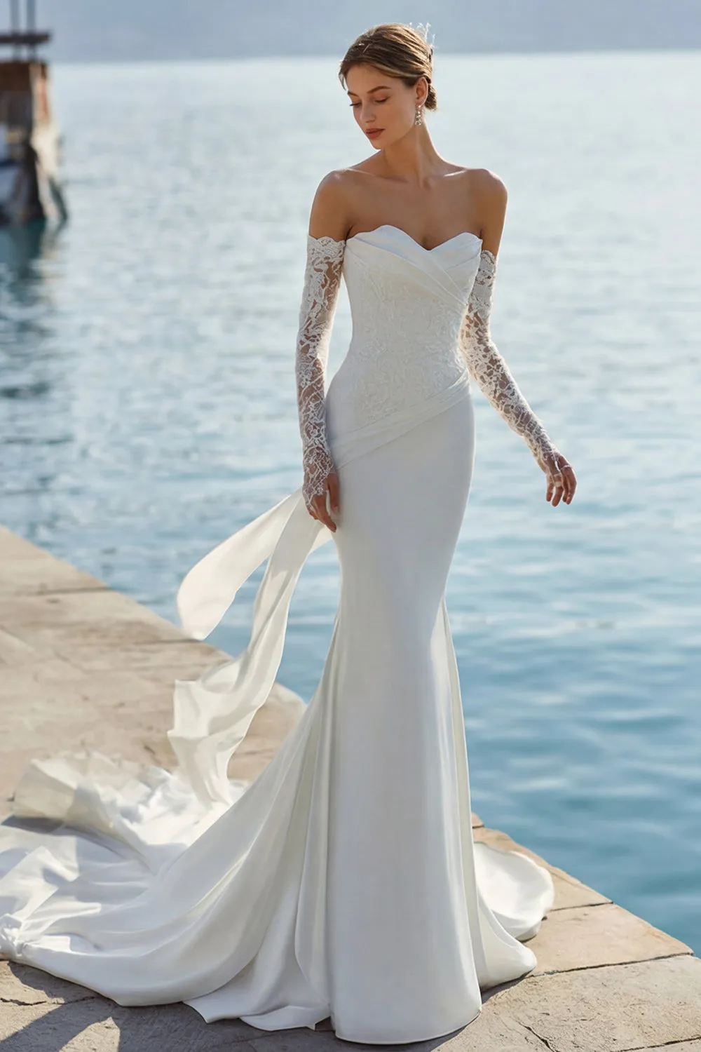 Ivory Mermaid Sweetheart Long Lace Wedding Dress with Appliques sold by Zapaka
