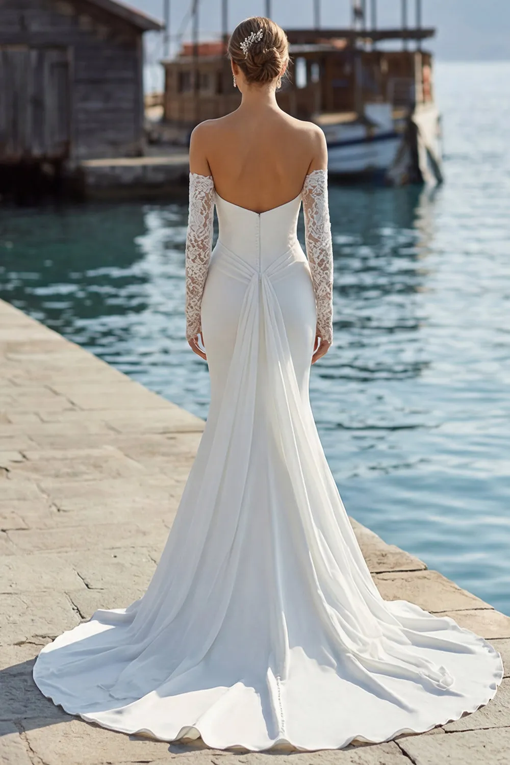 Ivory Mermaid Sweetheart Long Lace Wedding Dress with Appliques sold by Zapaka product image thumbnail 2