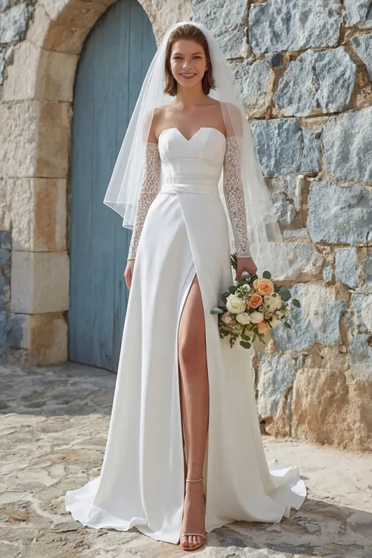 Ivory A-Line Strapless Long Chiffon Wedding Dress with Slit made by Zapaka
