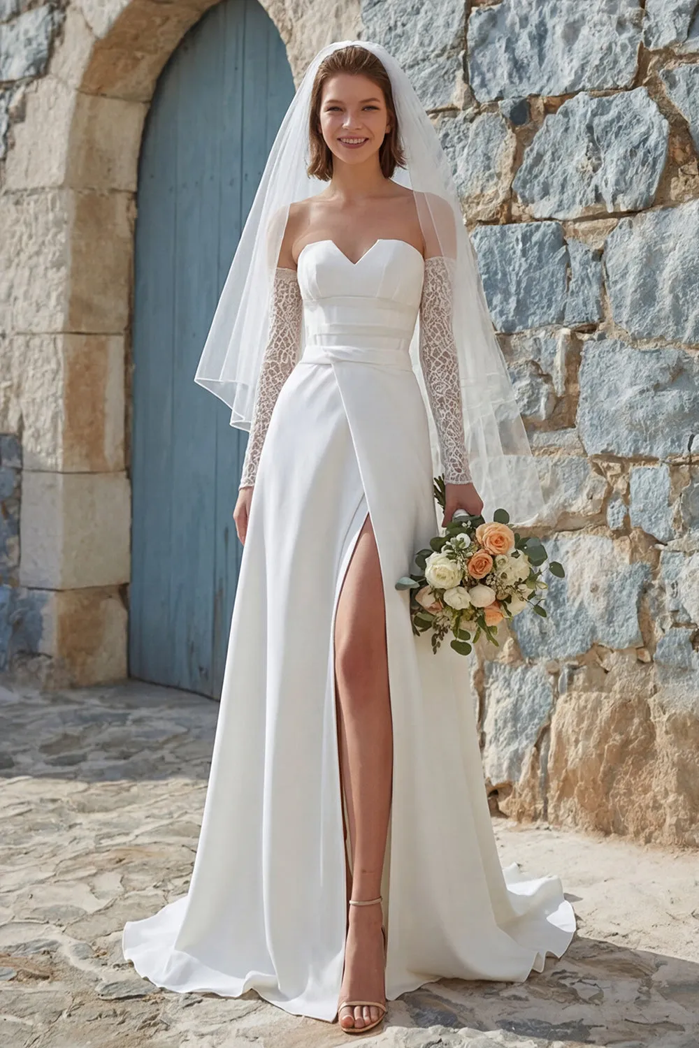 Ivory A-Line Strapless Long Chiffon Wedding Dress with Slit sold by Zapaka