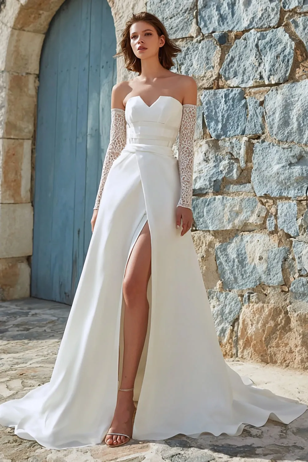 Ivory A-Line Strapless Long Chiffon Wedding Dress with Slit sold by Zapaka product image thumbnail 3