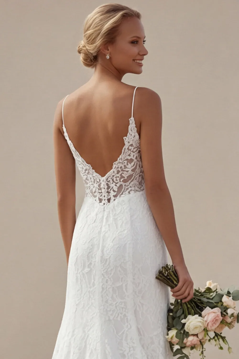 Ivory Spaghetti Straps A-Line Long Lace Appliqued Wedding Dress with Slit sold by Zapaka product image thumbnail 5