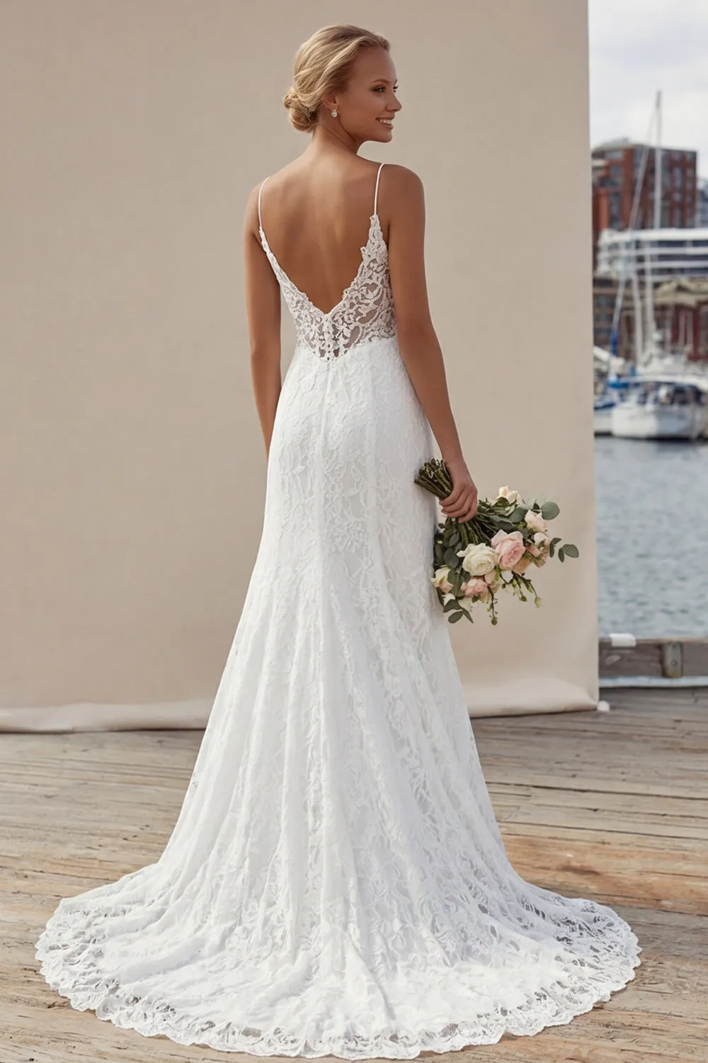 Ivory Spaghetti Straps A-Line Long Lace Appliqued Wedding Dress with Slit sold by Zapaka product image thumbnail 2