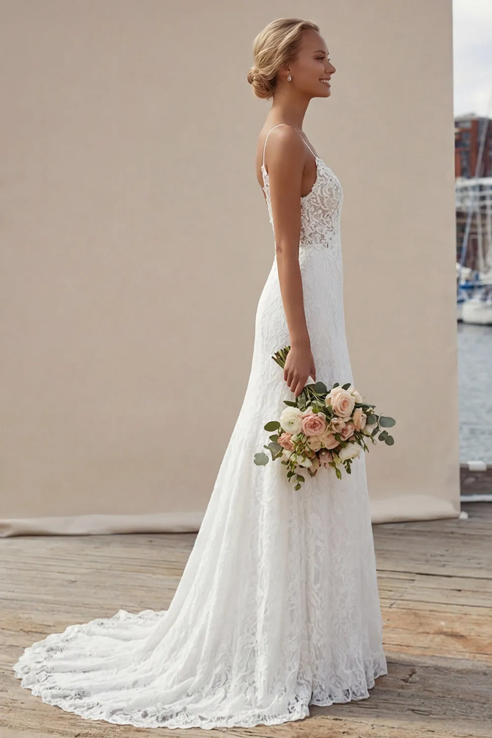 Ivory Spaghetti Straps A-Line Long Lace Appliqued Wedding Dress with Slit sold by Zapaka product image thumbnail 3