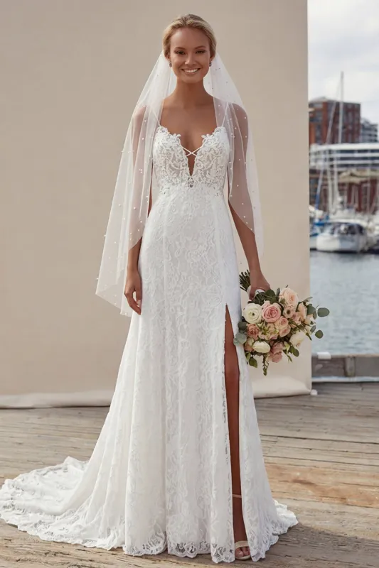 Ivory Spaghetti Straps A-Line Long Lace Appliqued Wedding Dress with Slit made by Zapaka