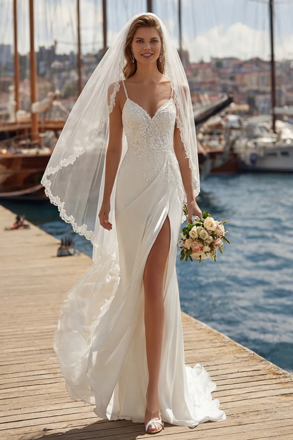 Ivory A-Line Spaghetti Straps Lace Appliqued Long Wedding Dress with Slit sold by Zapaka