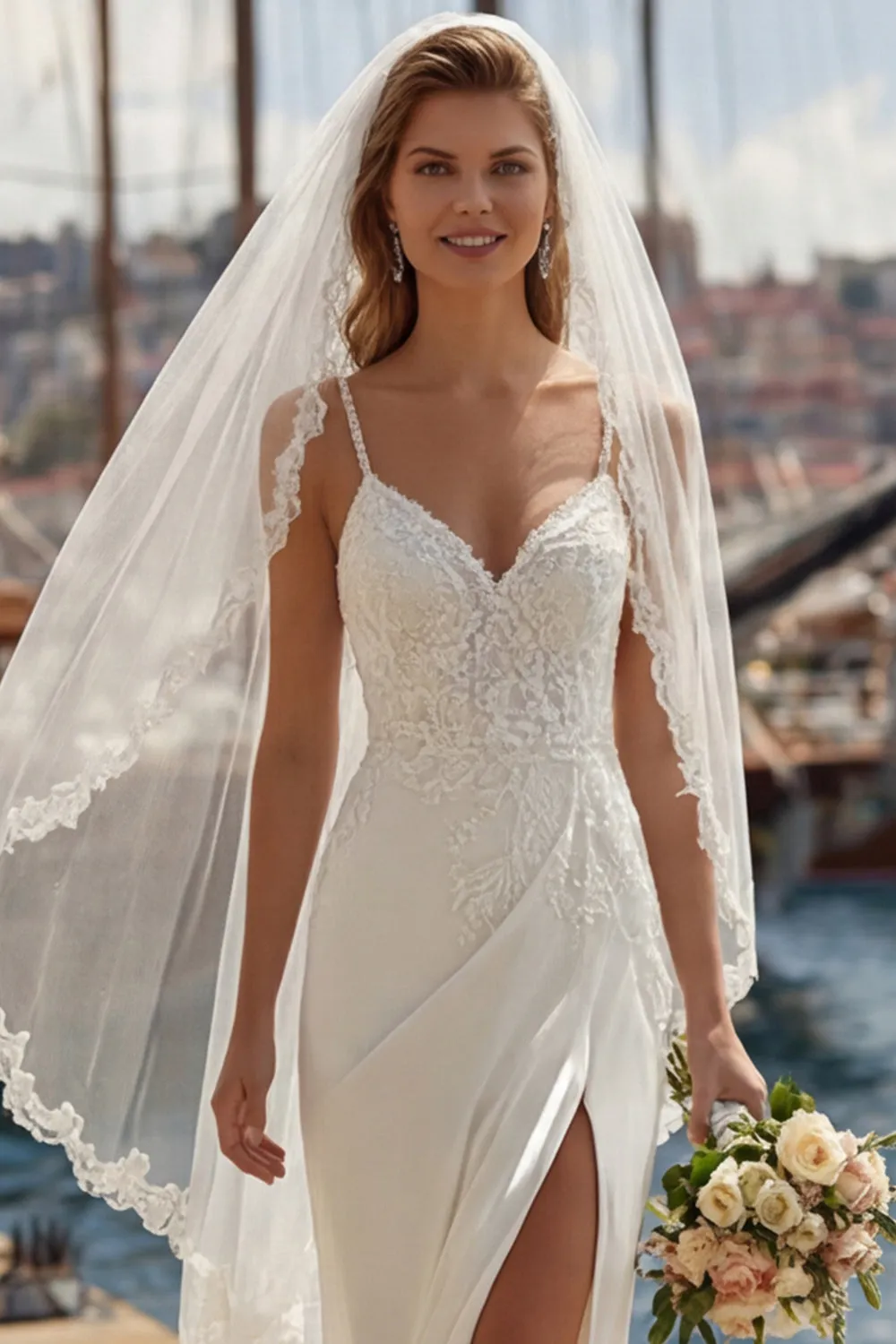 Ivory A-Line Spaghetti Straps Lace Appliqued Long Wedding Dress with Slit sold by Zapaka product image thumbnail 5