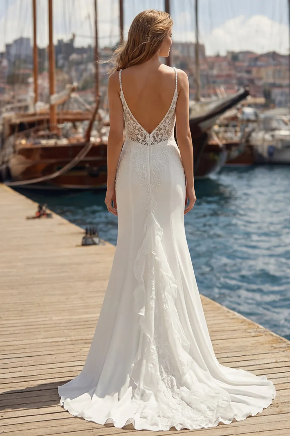 Ivory A-Line Spaghetti Straps Lace Appliqued Long Wedding Dress with Slit sold by Zapaka product image thumbnail 2