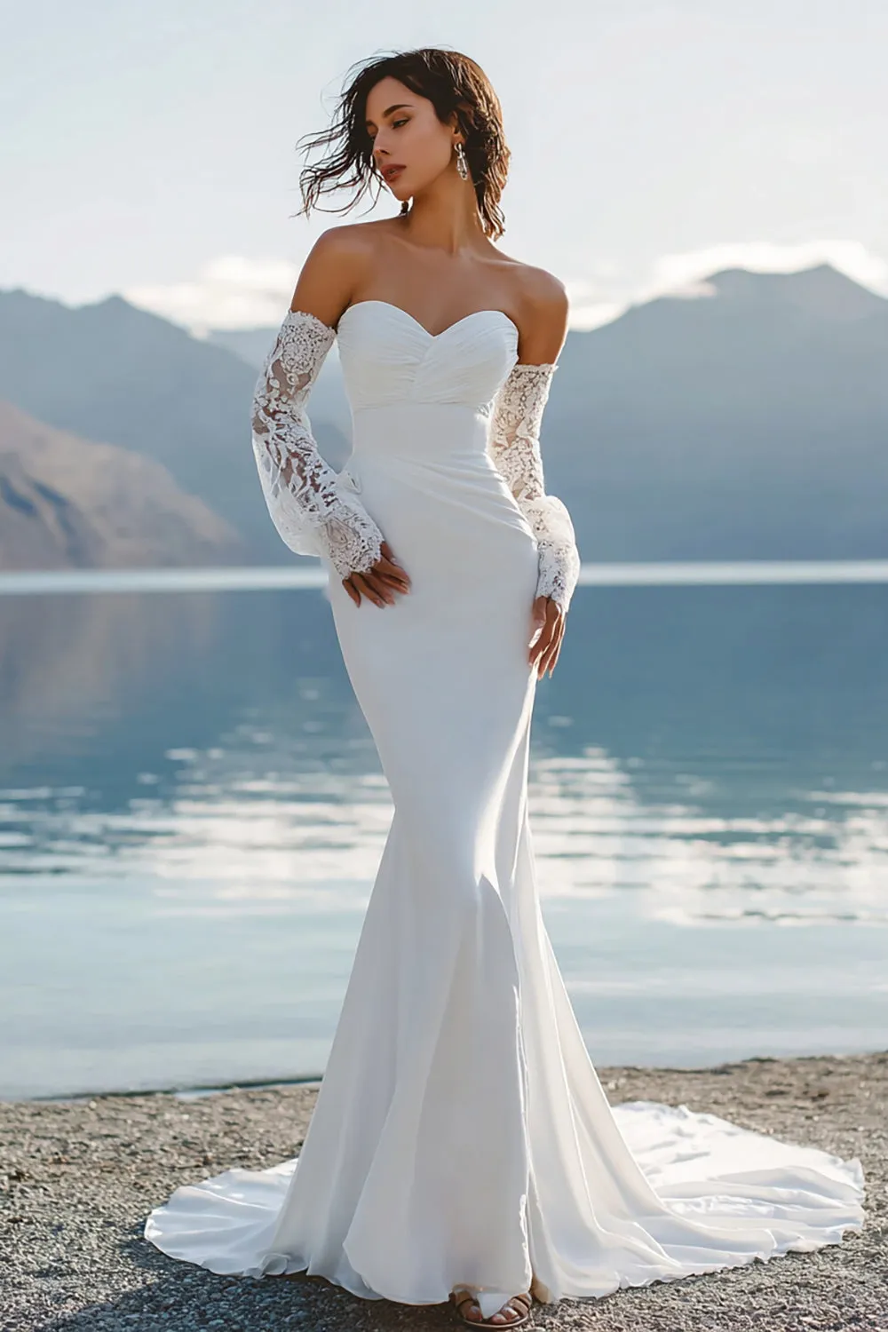 Ivory Mermaid Sweetheart Appliqued Long Lace Wedding Dress sold by Zapaka