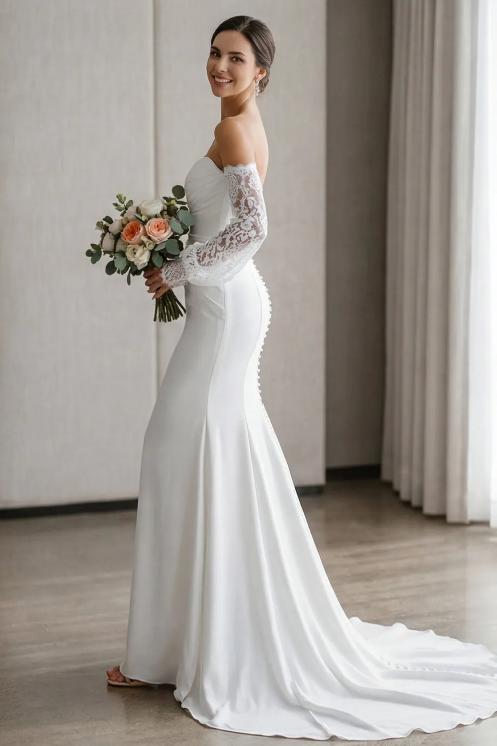 Ivory Mermaid Sweetheart Appliqued Long Lace Wedding Dress sold by Zapaka product image thumbnail 3