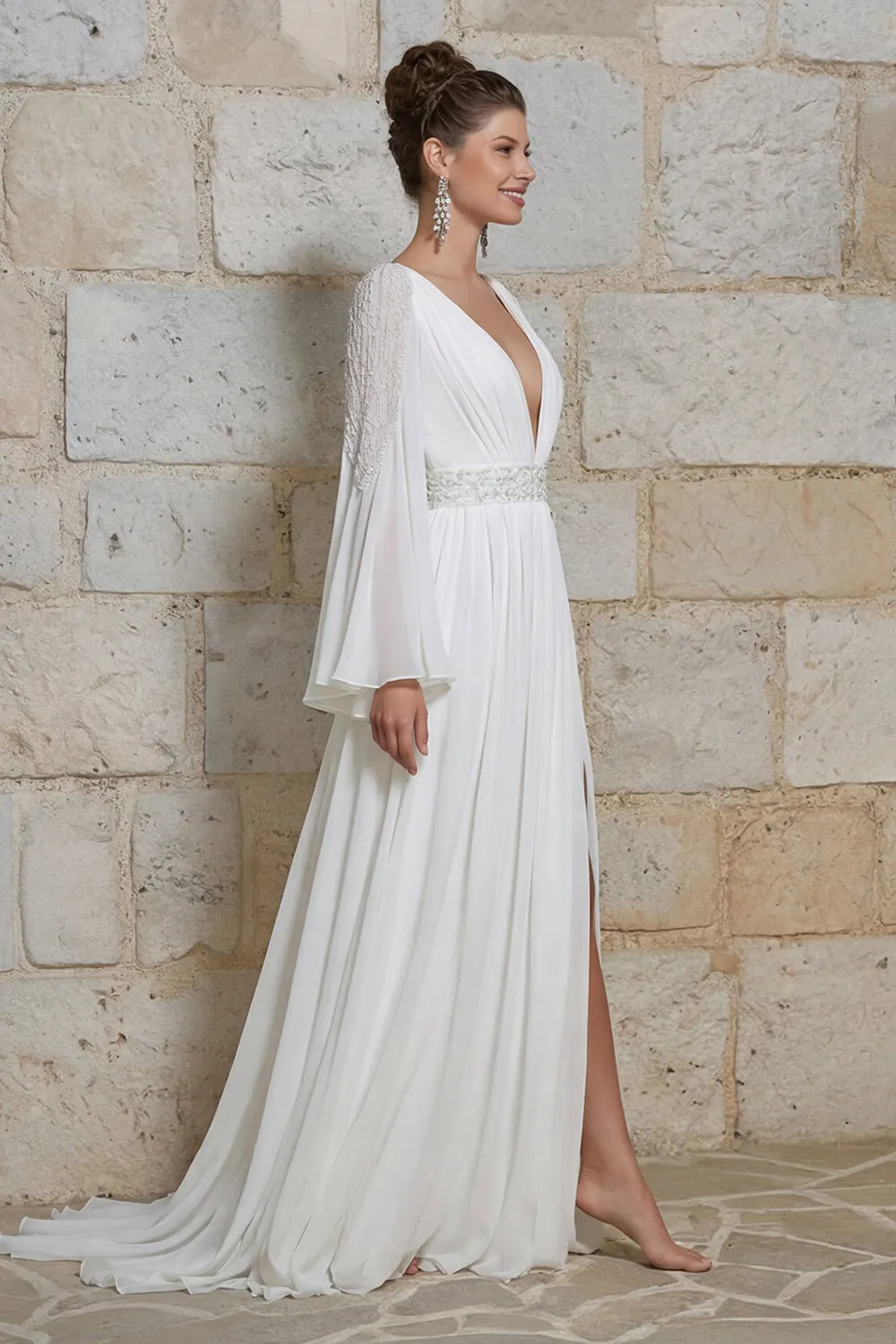 Ivory V Neck Long Sleeves Floral Wedding Dress with Slit sold by Zapaka product image thumbnail 3