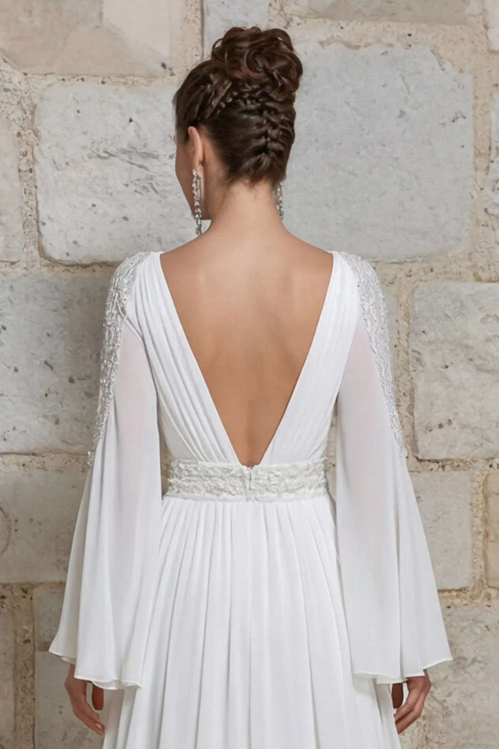 Ivory V Neck Long Sleeves Floral Wedding Dress with Slit sold by Zapaka product image thumbnail 5