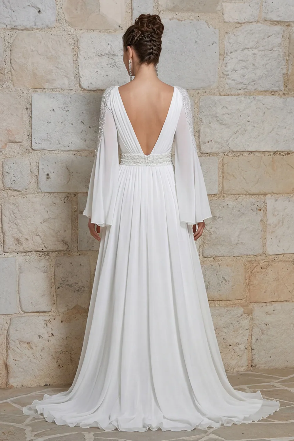 Ivory V Neck Long Sleeves Floral Wedding Dress with Slit sold by Zapaka product image thumbnail 2