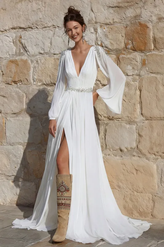 Ivory Chiffon Beaded A Line Long Wedding Dress with Slit sold by Zapaka