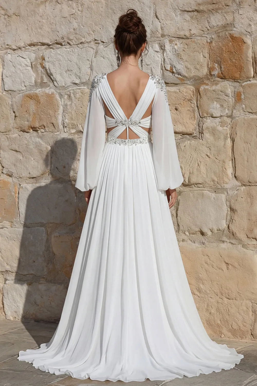 Ivory Chiffon Beaded A Line Long Wedding Dress with Slit sold by Zapaka product image thumbnail 2