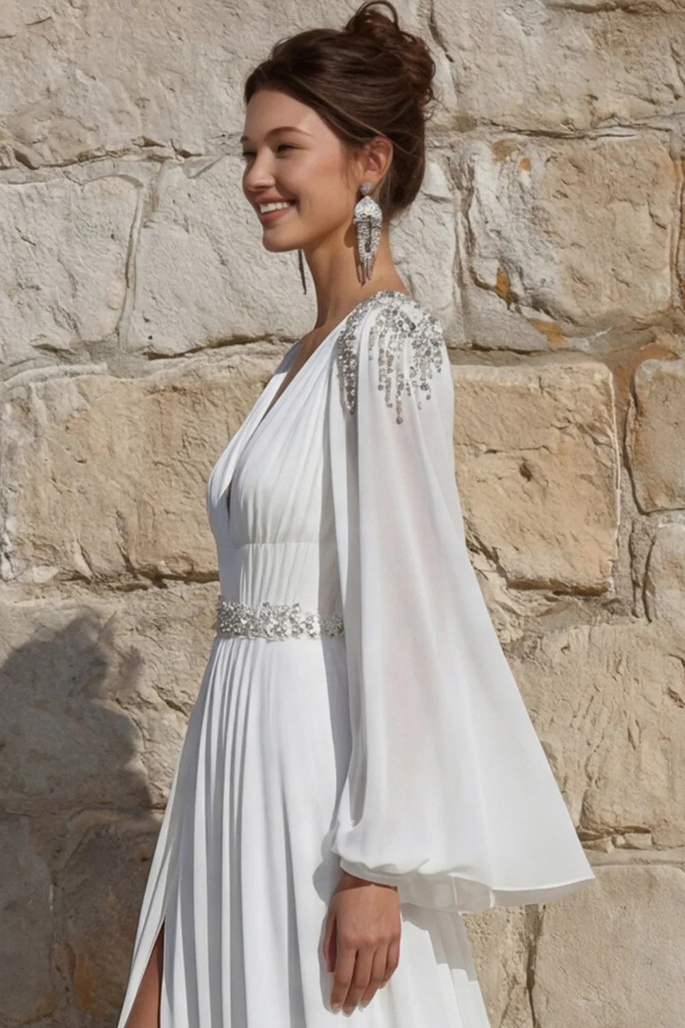 Ivory Chiffon Beaded A Line Long Wedding Dress with Slit sold by Zapaka product image thumbnail 5