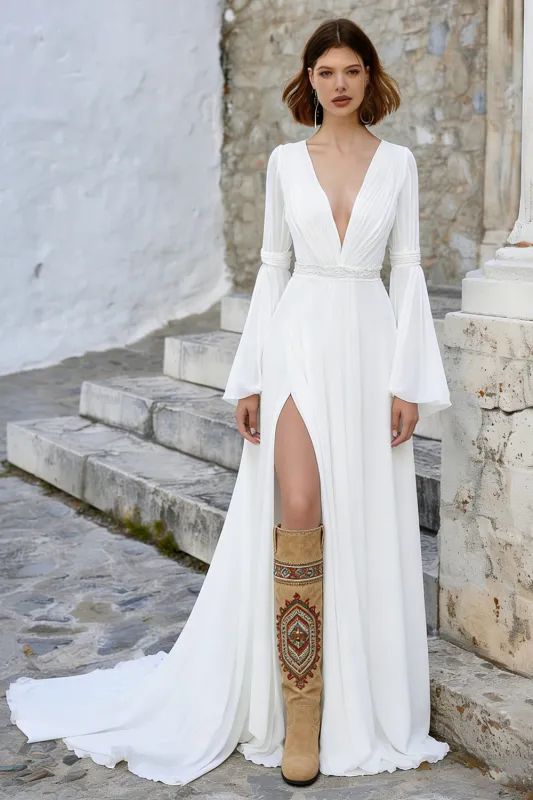 Ivory V Neck A Line Long Sleeves Wedding Dress with Slit sold by Zapaka