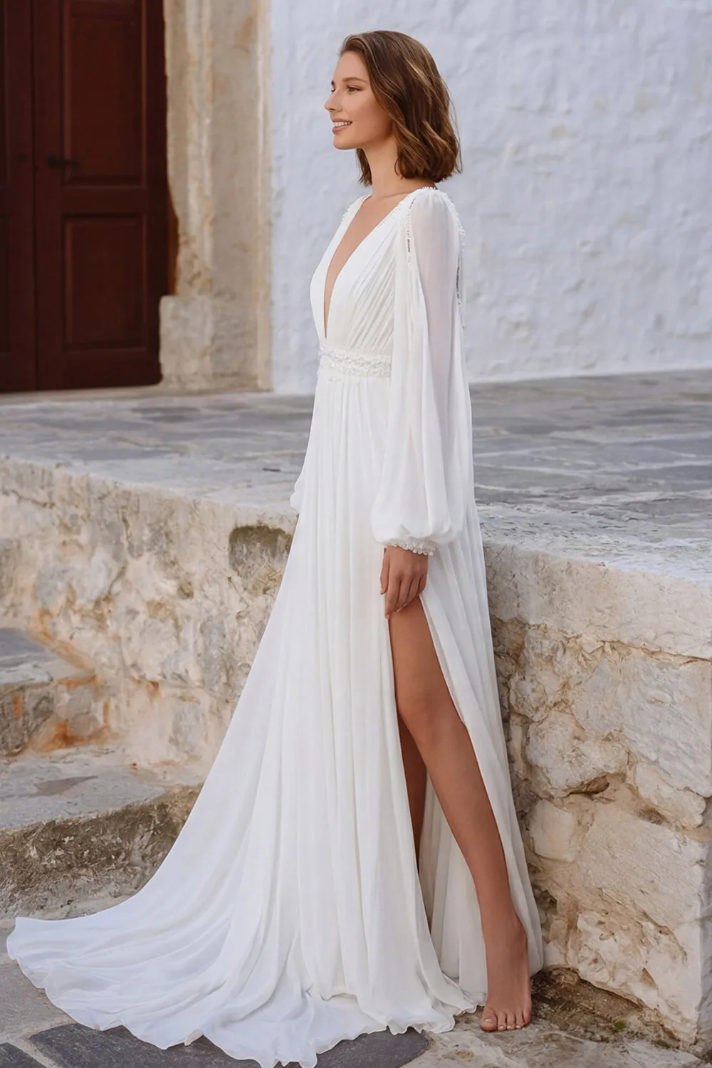 Ivory V Neck Puff Sleeves Long Wedding Dress with Slit sold by Zapaka product image thumbnail 3