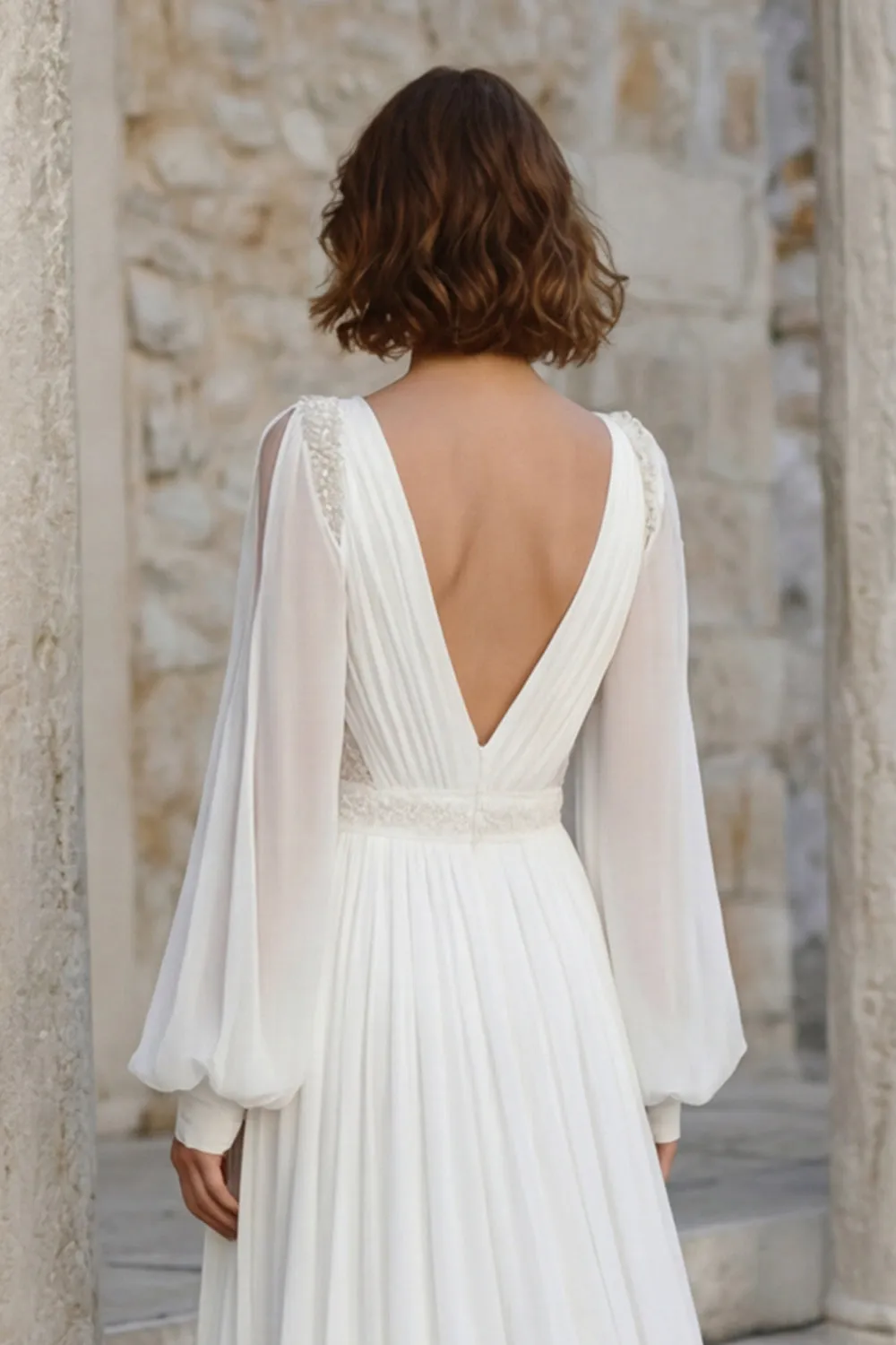Ivory V Neck Chiffon Long Sleeves Wedding Dress with Slit sold by Zapaka product image thumbnail 3