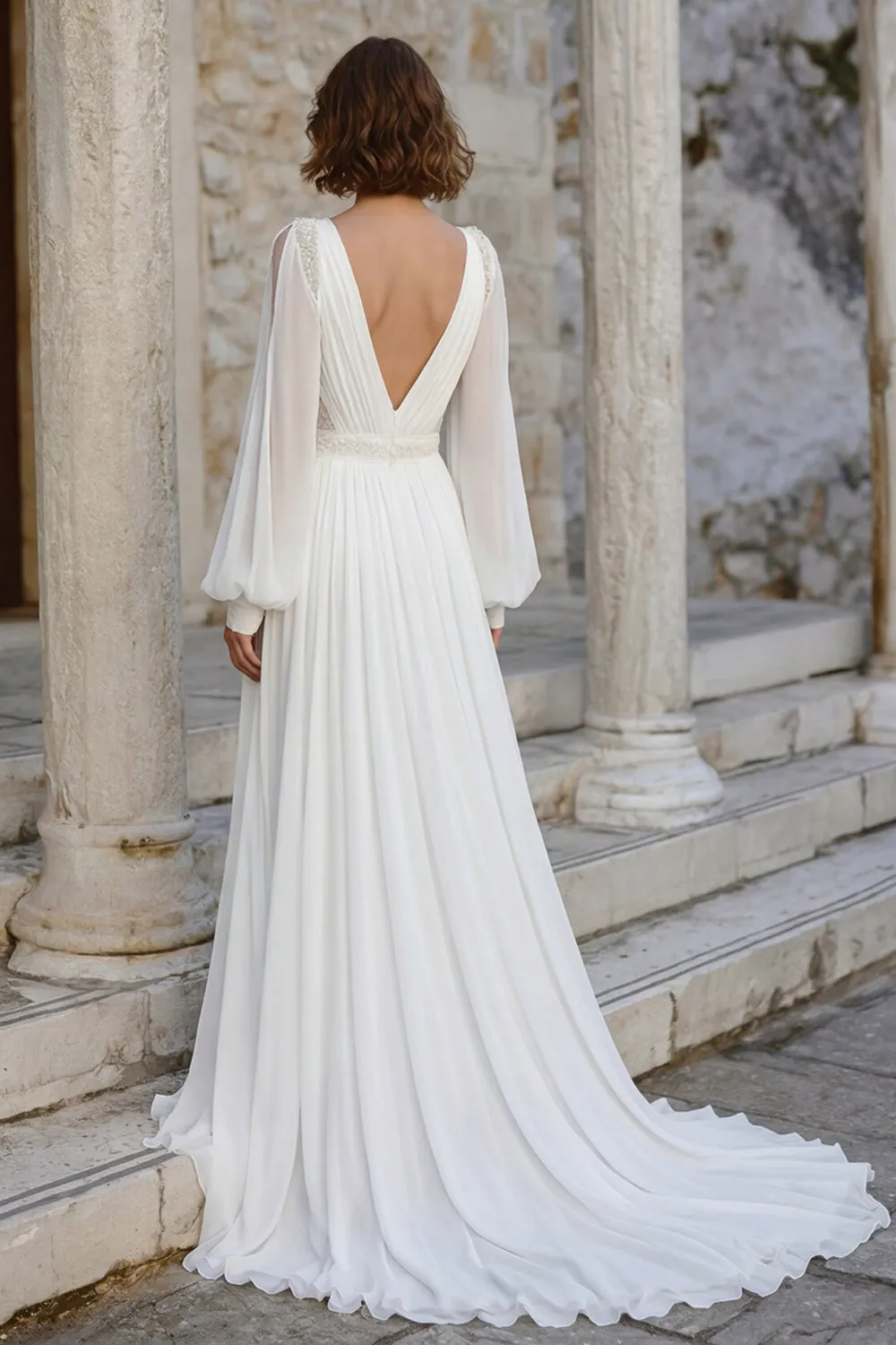 Ivory V Neck Chiffon Long Sleeves Wedding Dress with Slit sold by Zapaka product image thumbnail 2