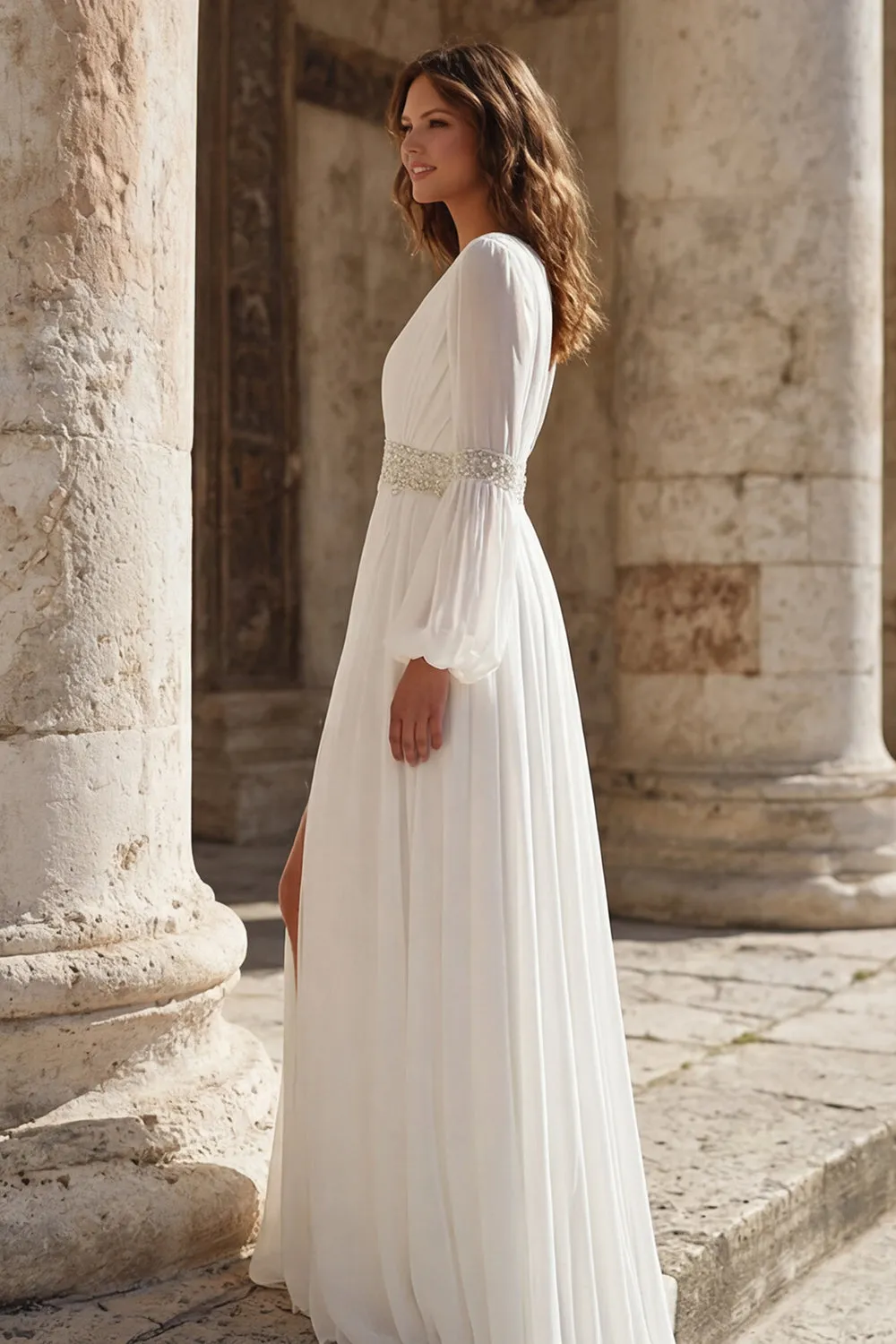 Ivory Pleated V Neck Long Sleeves Wedding Dress with Slit sold by Zapaka product image thumbnail 3