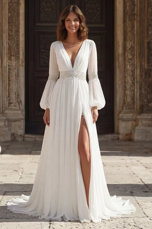Ivory Pleated V Neck Long Sleeves Wedding Dress with Slit sold by Zapaka