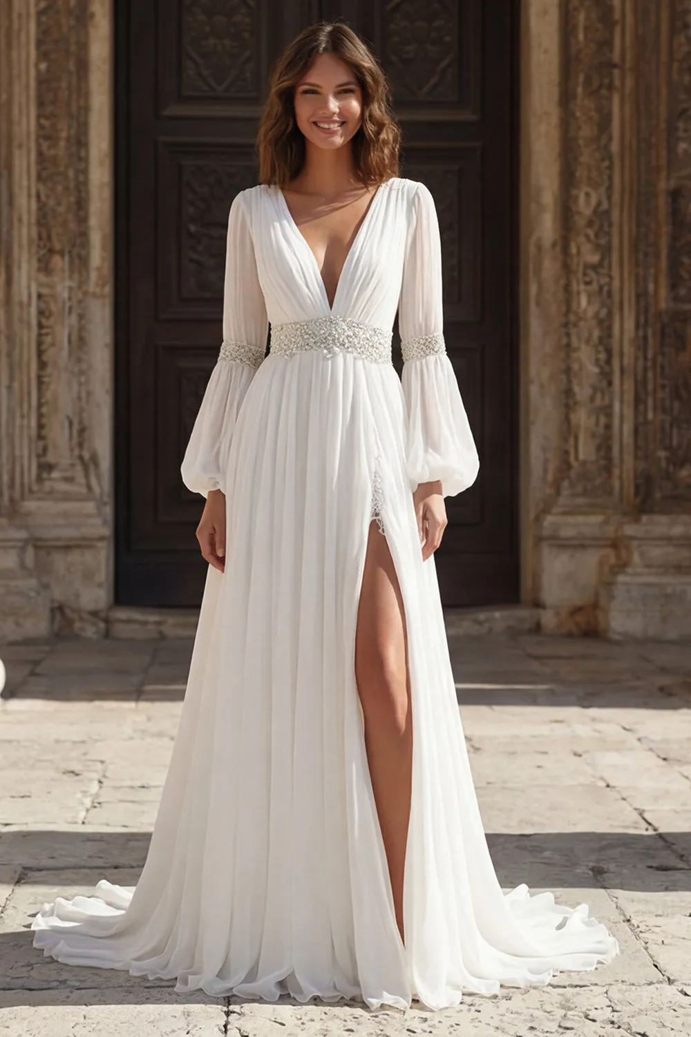 Ivory Pleated V Neck Long Sleeves Wedding Dress with Slit sold by Zapaka