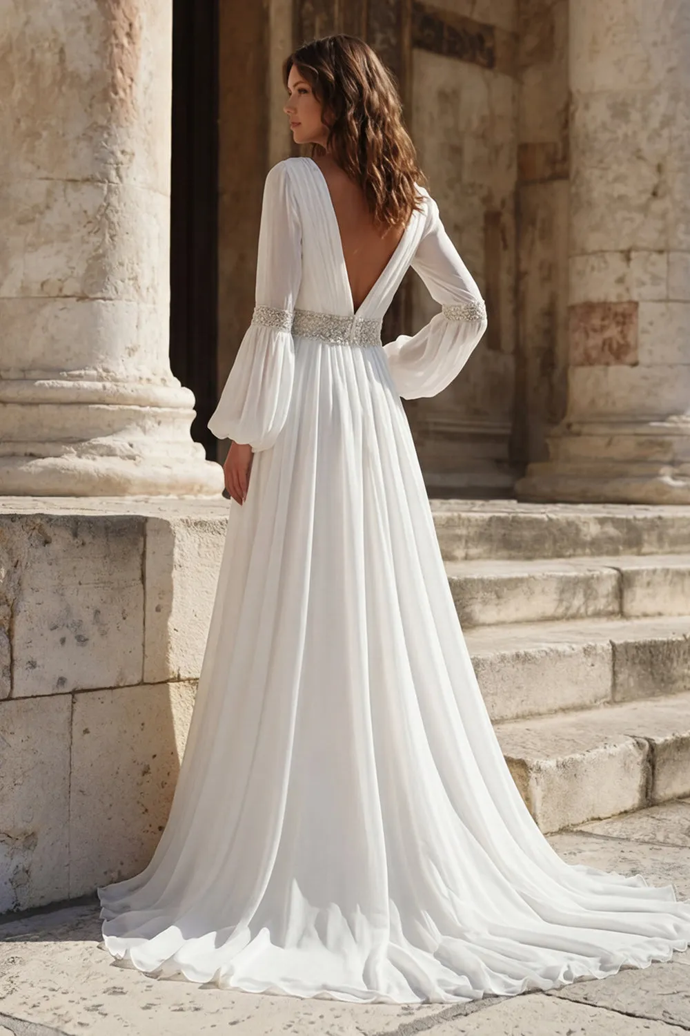 Ivory Pleated V Neck Long Sleeves Wedding Dress with Slit sold by Zapaka product image thumbnail 2