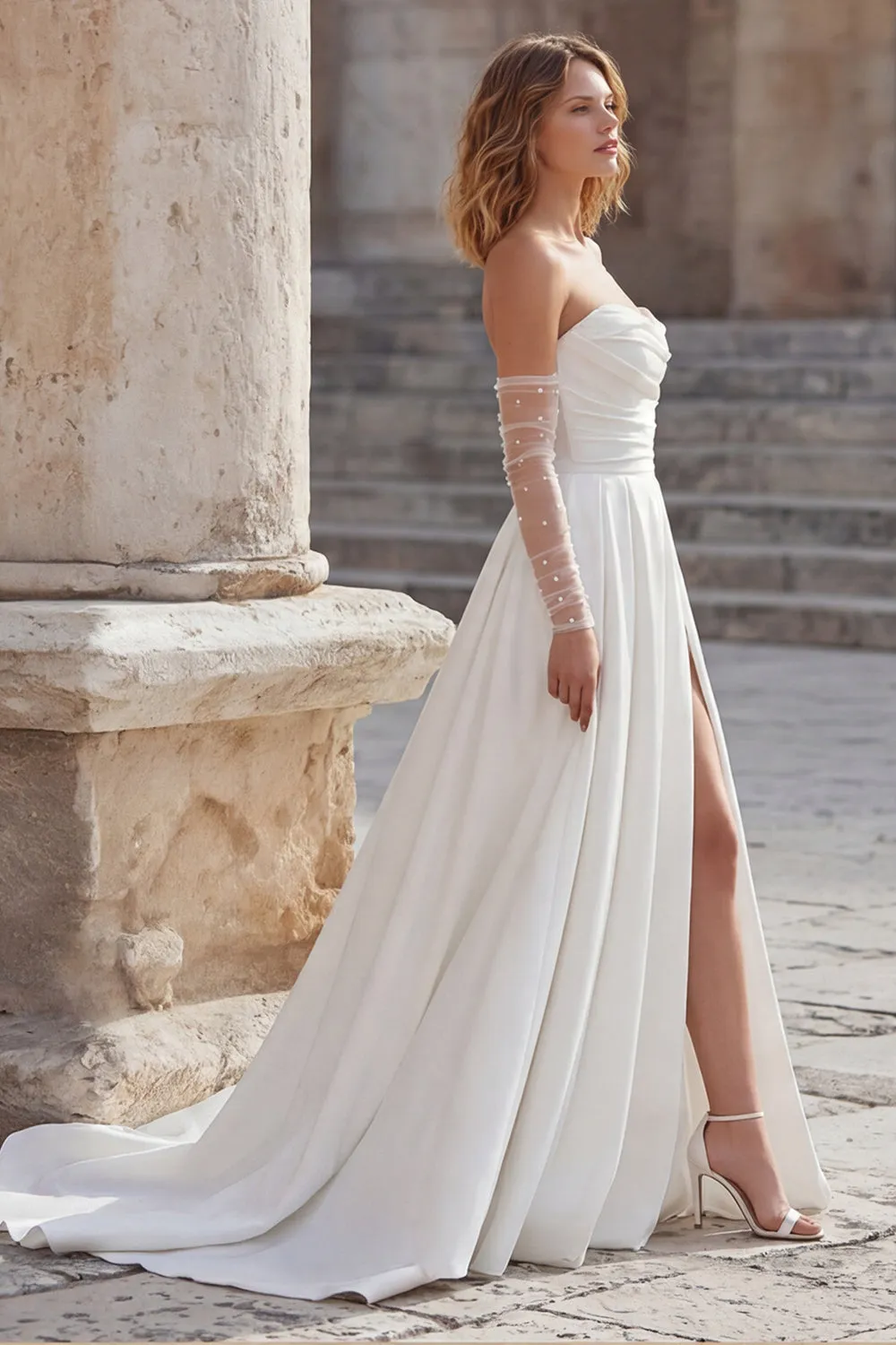 Ivory Sweetheart A Line Long Corset Wedding Dress with Slit sold by Zapaka product image thumbnail 3