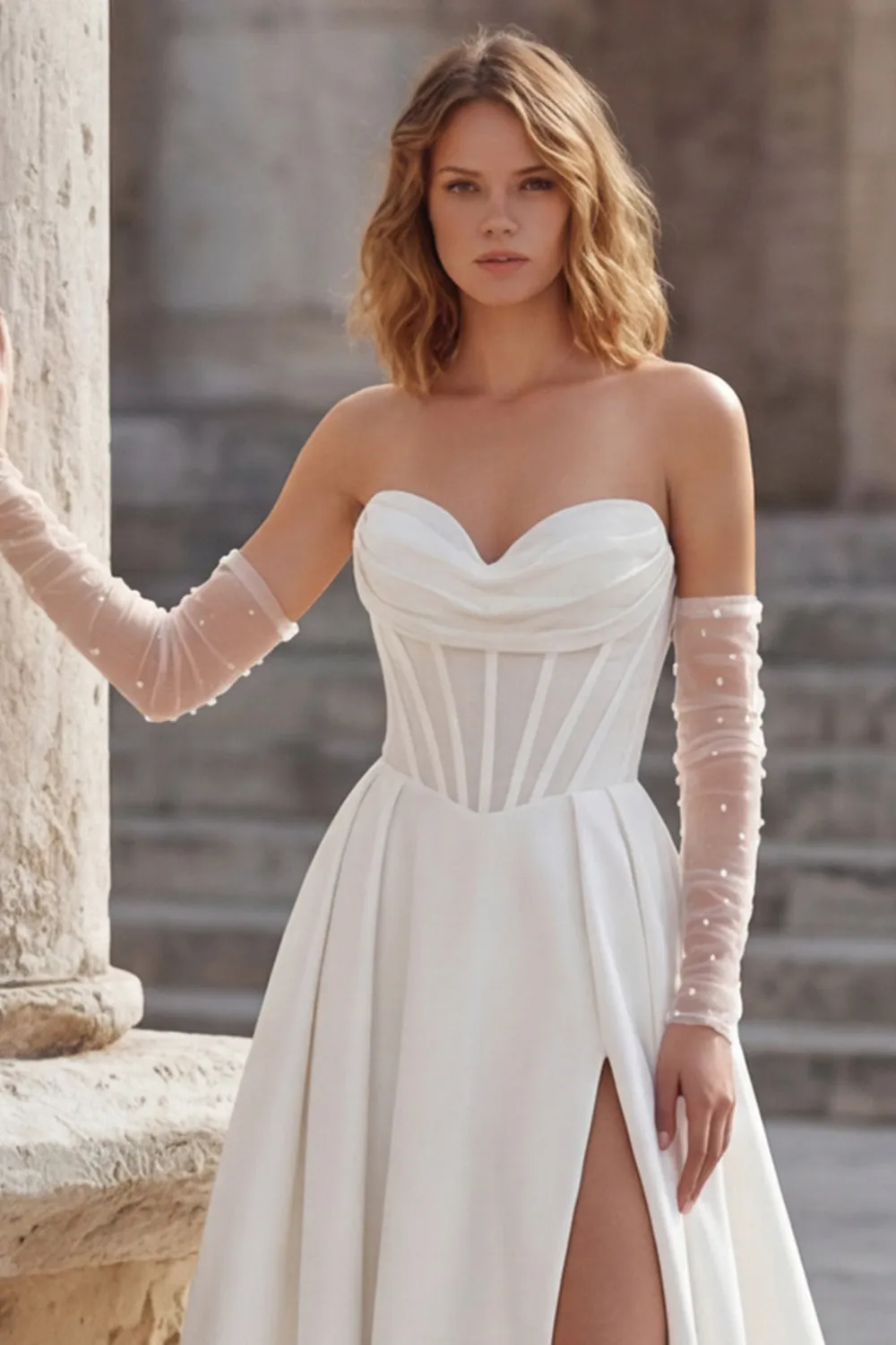 Ivory Sweetheart A Line Long Corset Wedding Dress with Slit sold by Zapaka product image thumbnail 4
