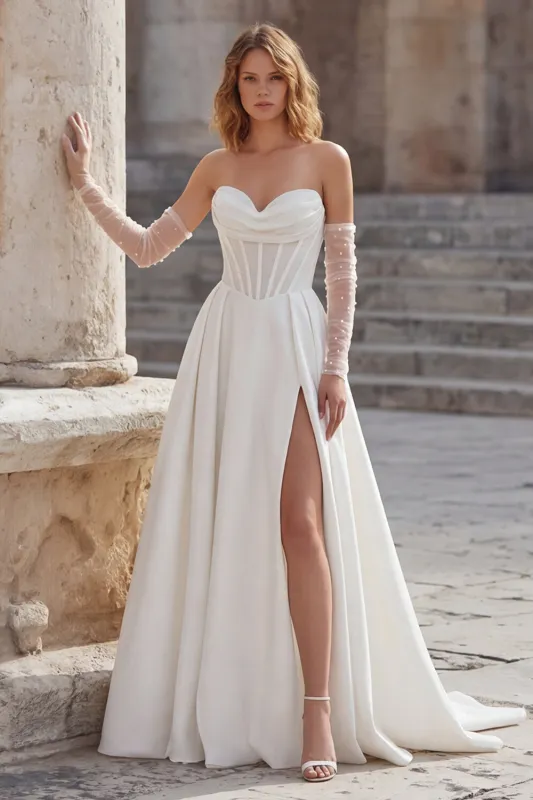 Ivory Sweetheart A Line Long Corset Wedding Dress with Slit made by Zapaka