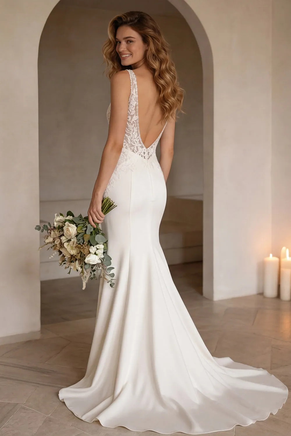 Ivory Mermiad V-Neck Corset Sweep Train Wedding Dress with Lace sold by Zapaka product image thumbnail 2