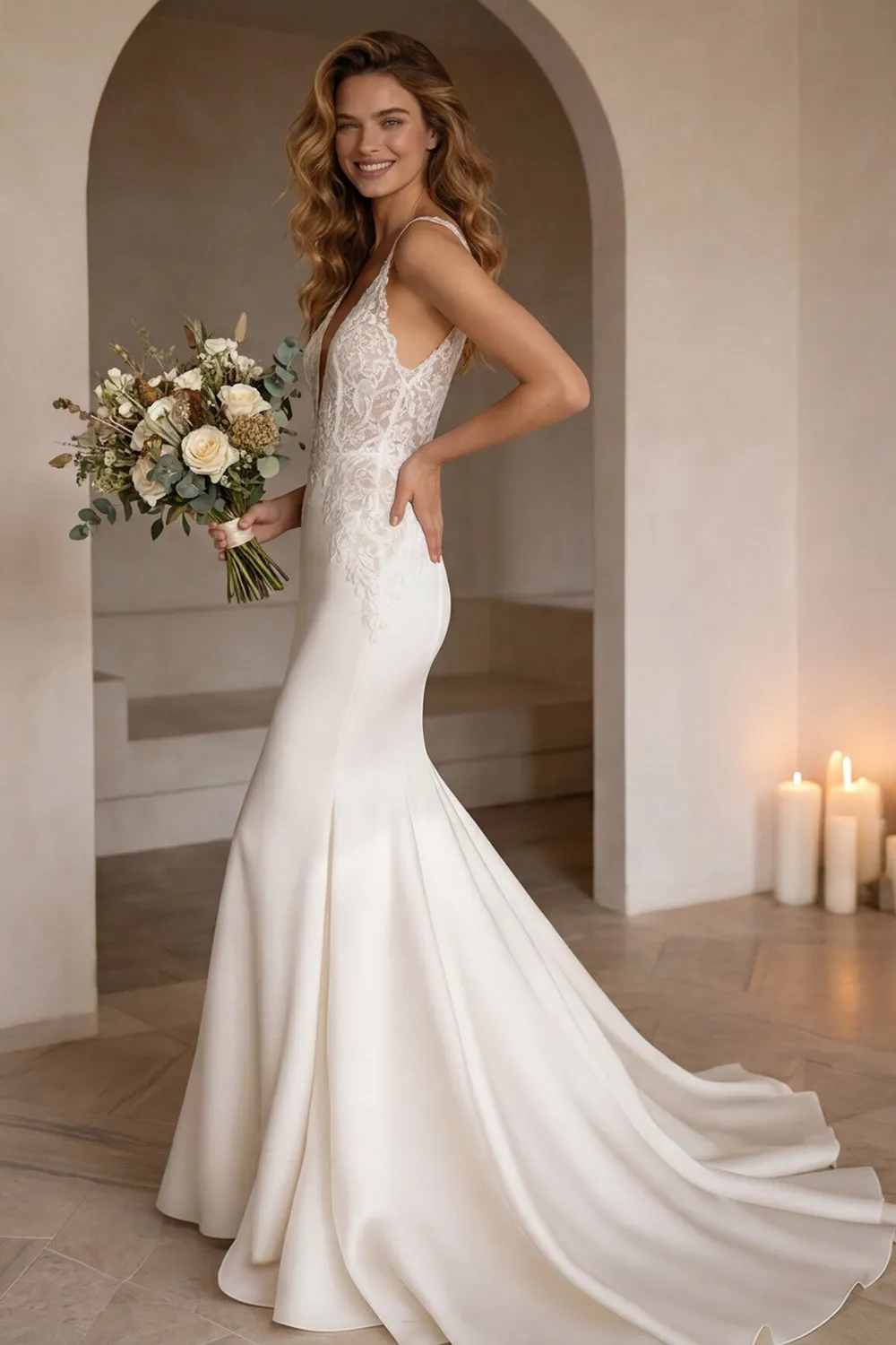 Ivory Mermiad V-Neck Corset Sweep Train Wedding Dress with Lace sold by Zapaka product image thumbnail 3