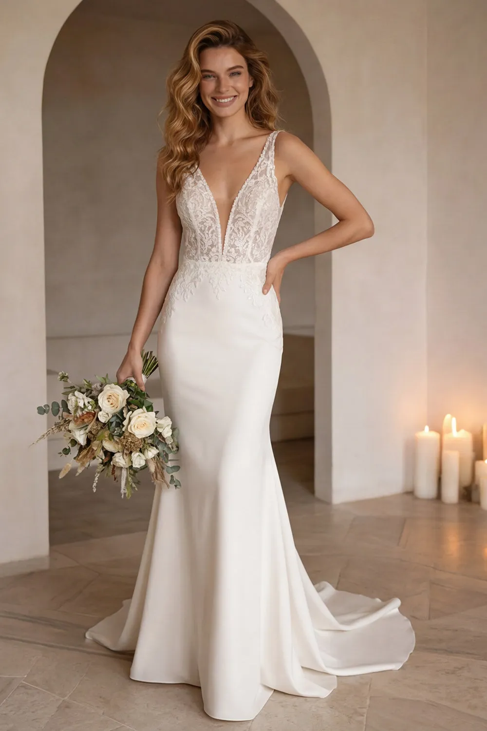Ivory Mermiad V-Neck Corset Sweep Train Wedding Dress with Lace sold by Zapaka