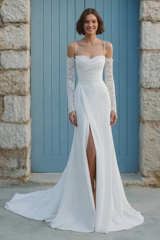 Ivory Mermaid Cold Shoulder Ruched Sweep Train Wedding Dress with Slit made by Zapaka