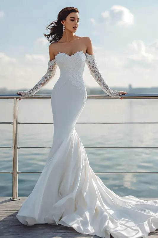 Ivory Off the Shoulder Mermaid Sweep Train Wedding Dress with Lace made by Zapaka