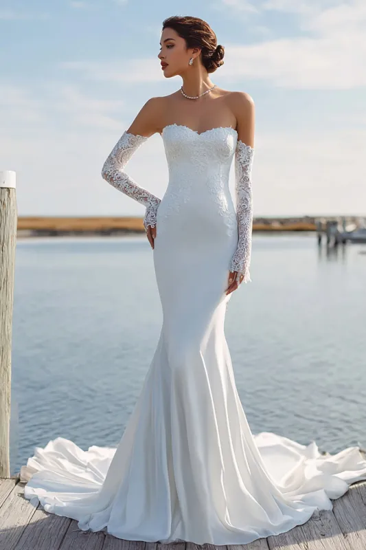Ivory Sweetheart Mermaid Sweep Train Wedding Dress with Lace made by Zapaka