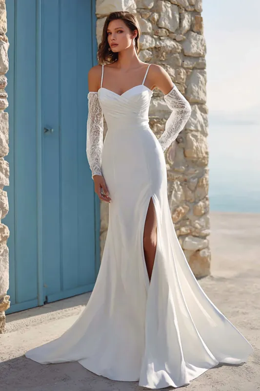 Ivory Mermiad Ruched Spaghetti Straps Sweep Train Wedding Dress with Slit made by Zapaka
