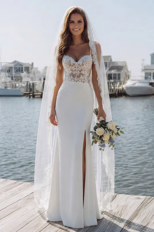 Ivory Mermaid Appliqued Satin Long Wedding Dress with Slit made by Zapaka