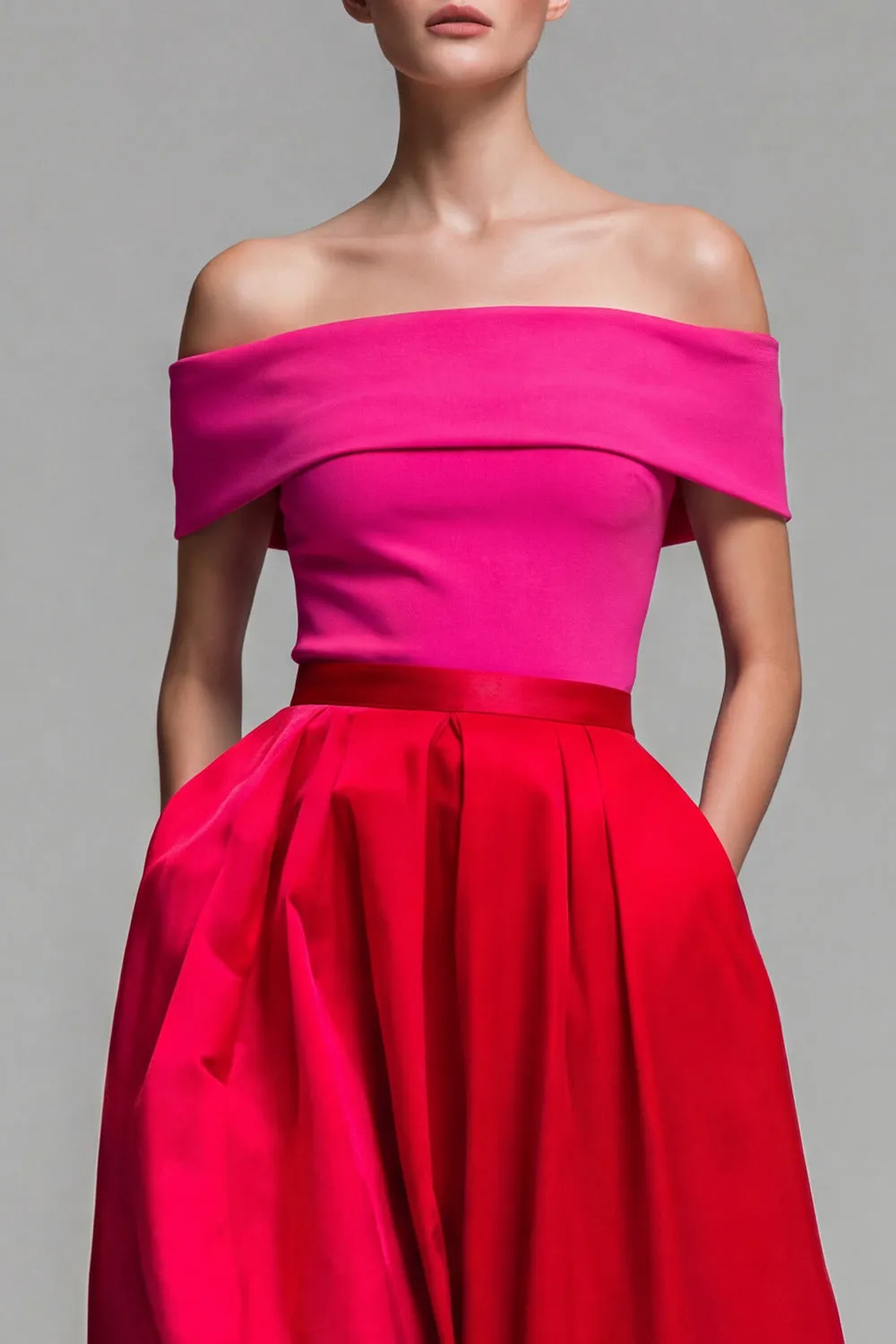 Off the Shoulder Fuchsia and Red A Line Color Block Midi Formal Dress sold by Zapaka product image thumbnail 3