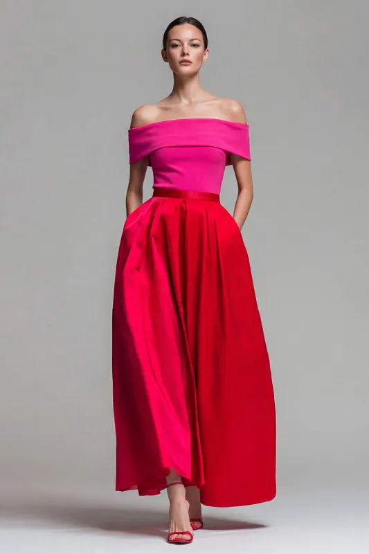Off the Shoulder Fuchsia and Red A Line Color Block Midi Formal Dress made by Zapaka