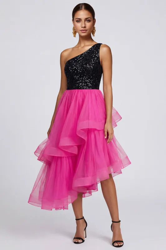 Fuchsia and Black One Shoulder Sequin Ruffled Formal Dress made by Zapaka