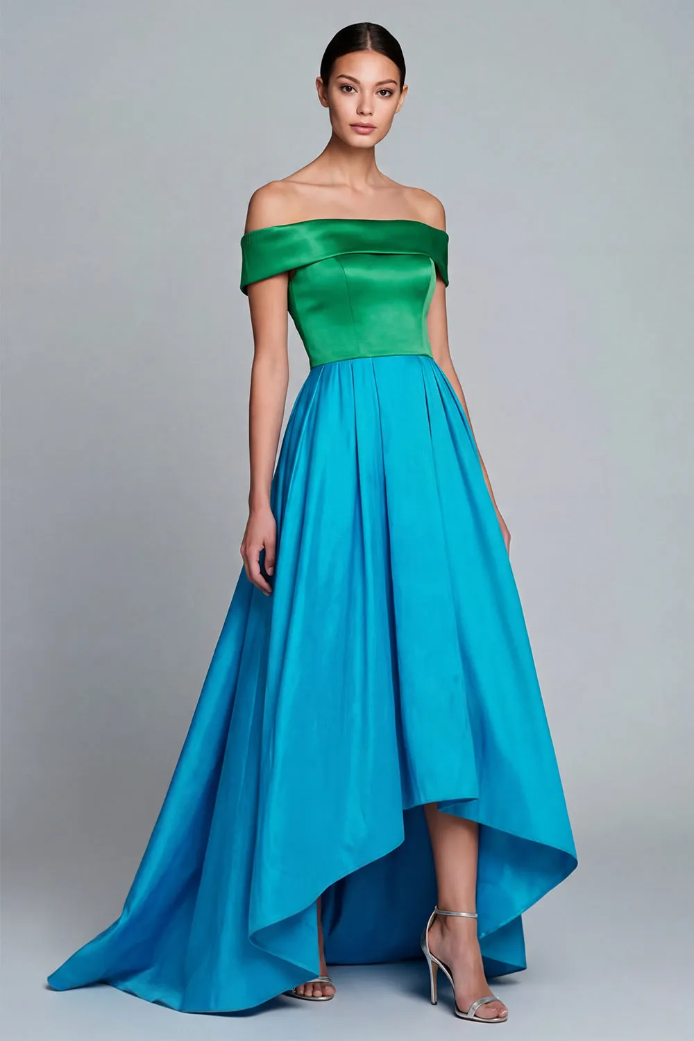Off the Shoulder Green and Blue A Line Satin Asymmetrical Formal Dress sold by Zapaka