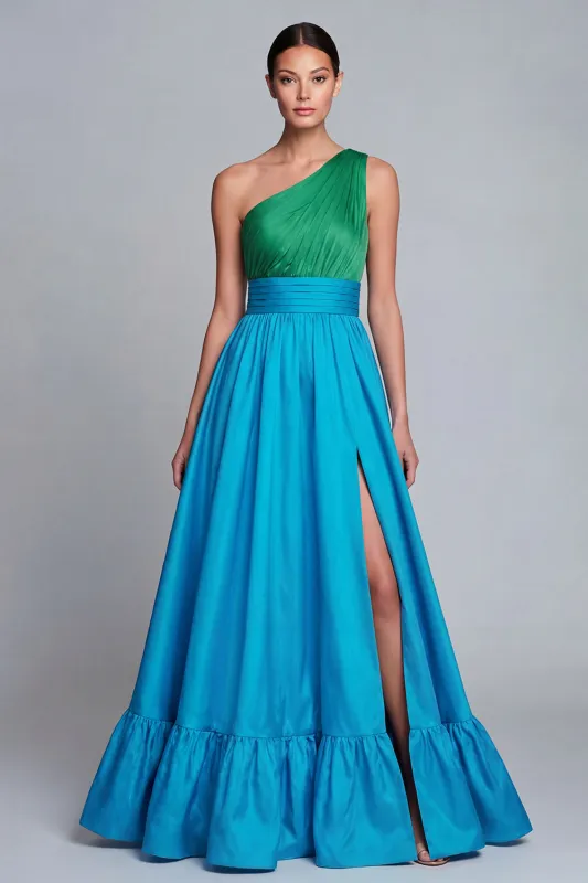 One Shoulder Green and Blue A Line Long Formal Dress with Slit made by Zapaka