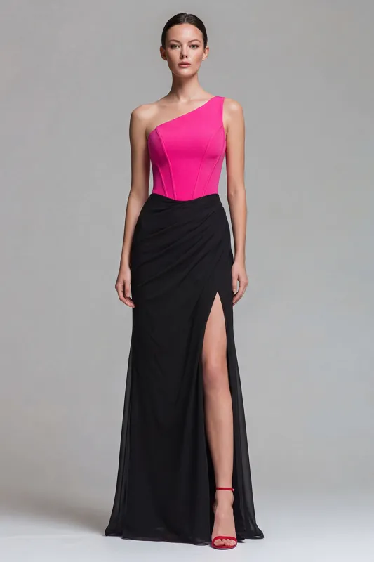 Fuchsia and Black One Shoulder Corset Mermaid Long Formal Dress with Slit sold by Zapaka