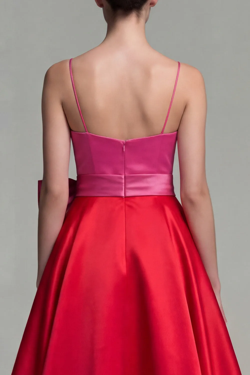 Fuchsia and Red A Line Satin Spaghetti Straps Midi Formal Dress with Bow sold by Zapaka product image thumbnail 4