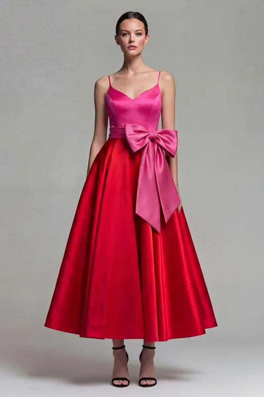 Fuchsia and Red A Line Satin Spaghetti Straps Midi Formal Dress with Bow made by Zapaka