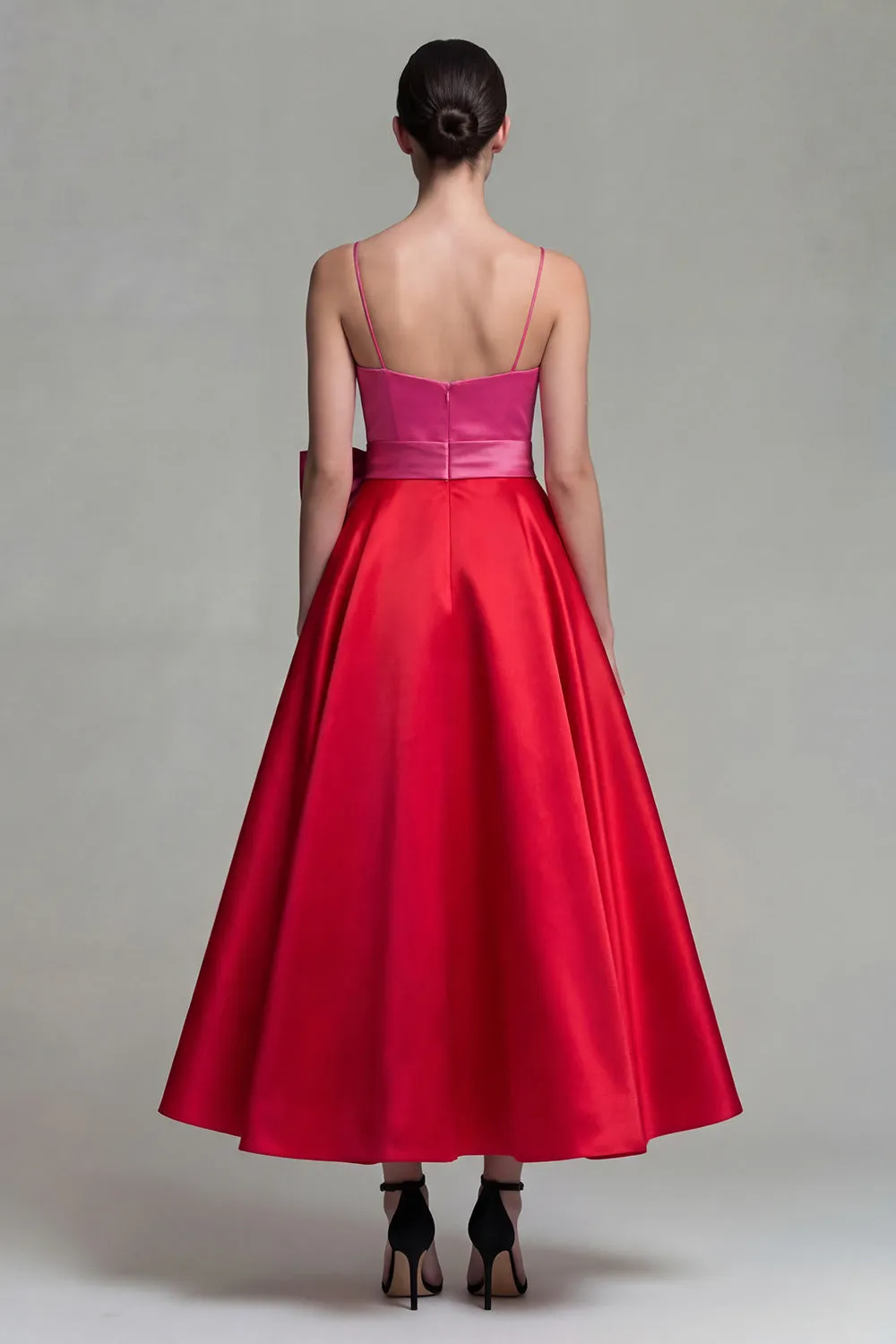 Fuchsia and Red A Line Satin Spaghetti Straps Midi Formal Dress with Bow sold by Zapaka product image thumbnail 2